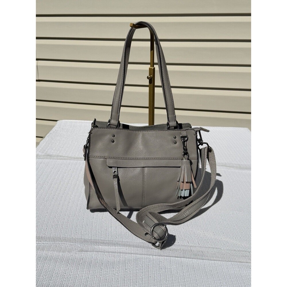 The Sak Alameda Leather Satchel Shoulder Crossbody Bag Gray Taupe Tassel